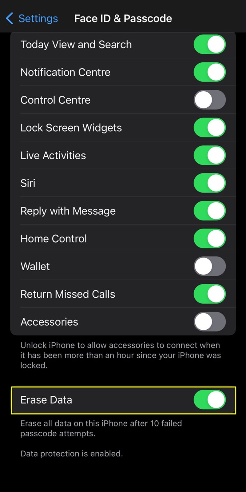 enabling erase data iPhone